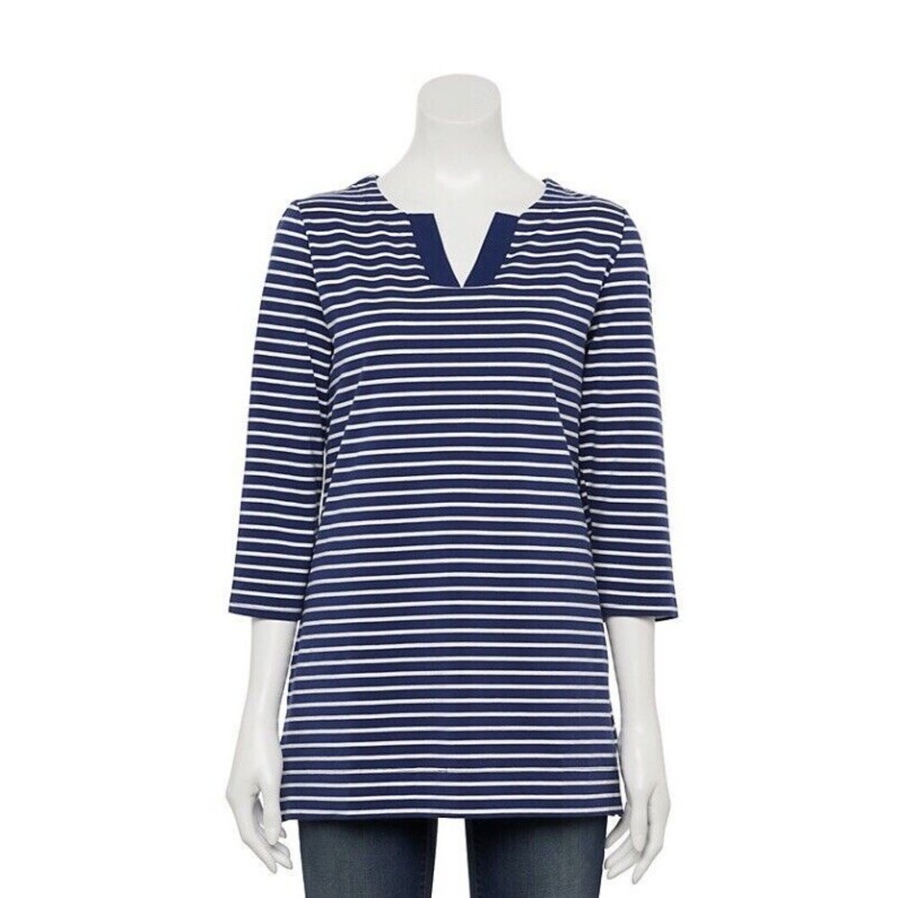 Croft & Barrow Tunic Top Size PS Blue & White Stripe Soft Cotton Blend NWT